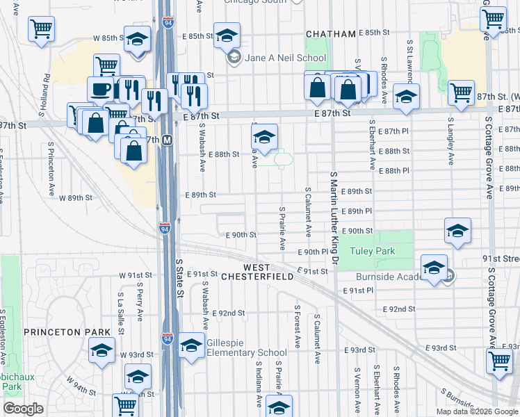 map of restaurants, bars, coffee shops, grocery stores, and more near 8942 South Indiana Avenue in Chicago