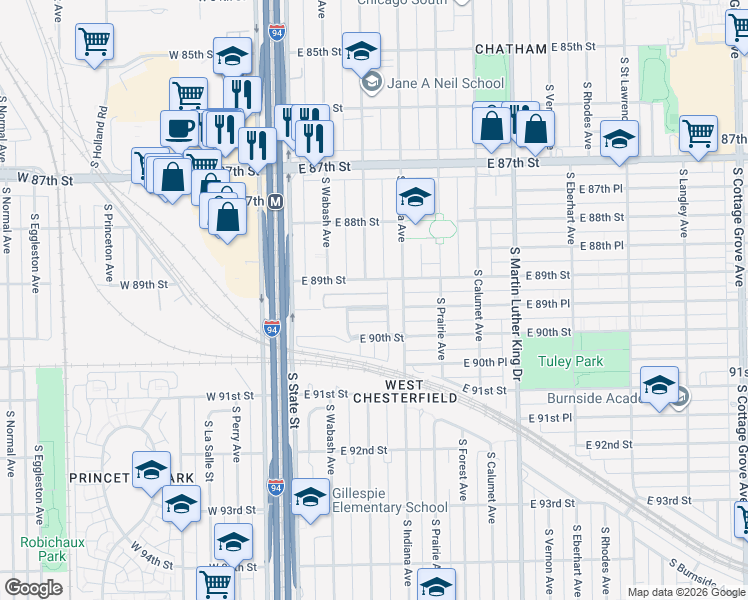 map of restaurants, bars, coffee shops, grocery stores, and more near 81 East 89th Place in Chicago
