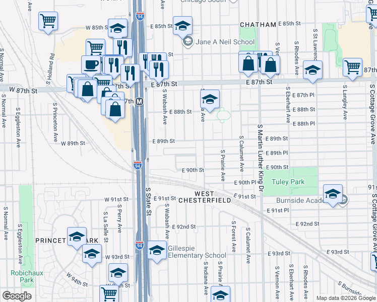 map of restaurants, bars, coffee shops, grocery stores, and more near 81 East 89th Place in Chicago