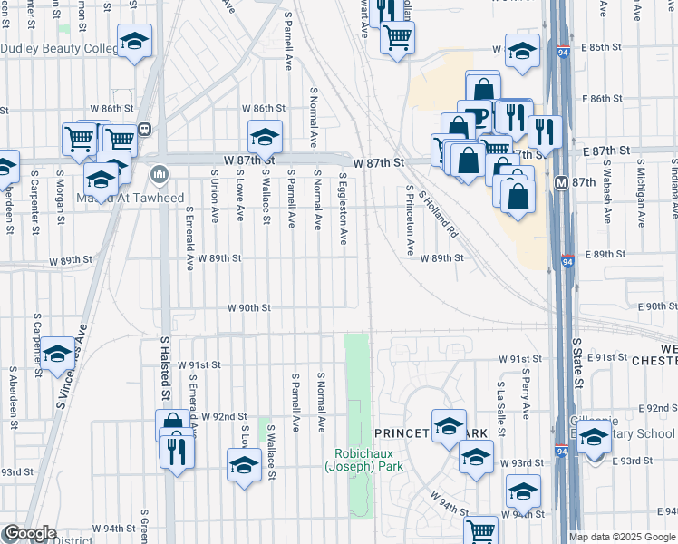 map of restaurants, bars, coffee shops, grocery stores, and more near 8937 South Normal Avenue in Chicago