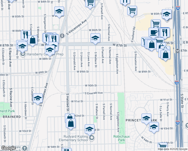 map of restaurants, bars, coffee shops, grocery stores, and more near 8934 South Wallace Street in Chicago