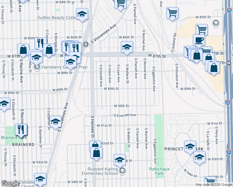 map of restaurants, bars, coffee shops, grocery stores, and more near 8935 South Union Avenue in Chicago