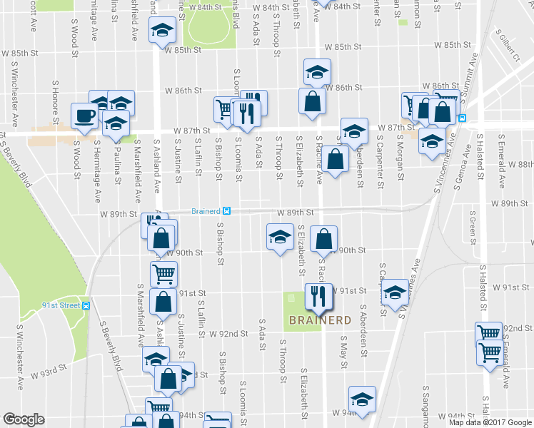 map of restaurants, bars, coffee shops, grocery stores, and more near 8920 South Ada Street in Chicago