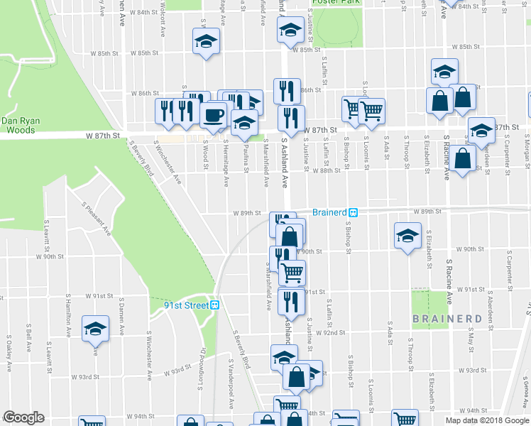 map of restaurants, bars, coffee shops, grocery stores, and more near 8914 South Marshfield Avenue in Chicago