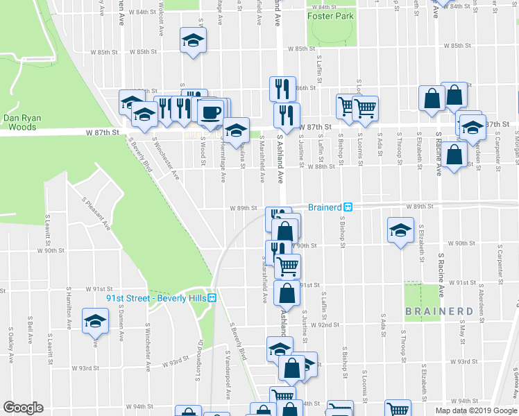 map of restaurants, bars, coffee shops, grocery stores, and more near 8914 South Marshfield Avenue in Chicago
