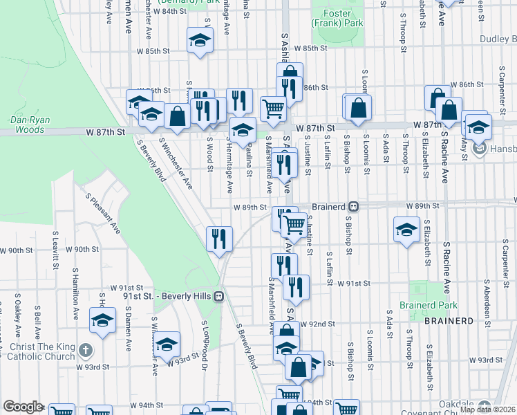 map of restaurants, bars, coffee shops, grocery stores, and more near 8914 South Marshfield Avenue in Chicago