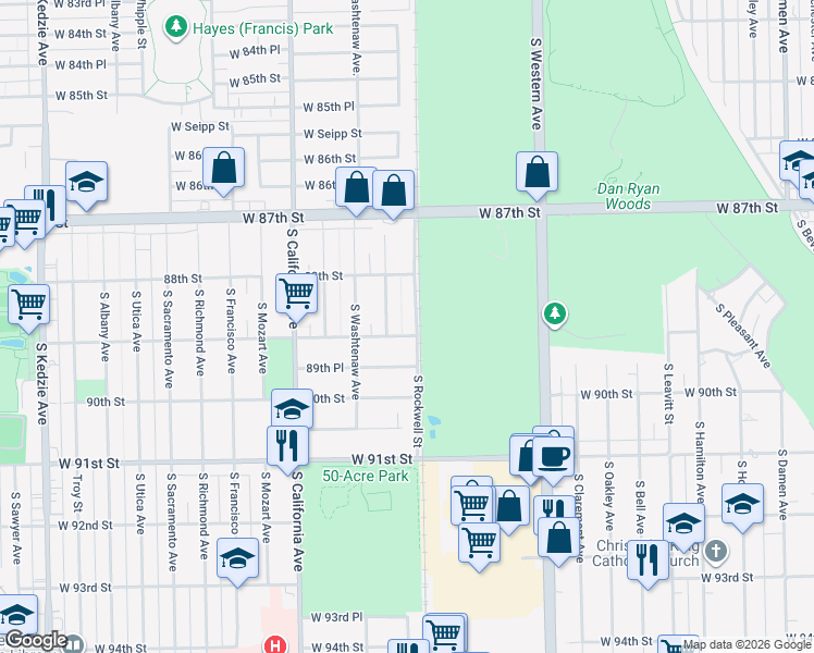 map of restaurants, bars, coffee shops, grocery stores, and more near 2621 West 89th Street in Evergreen Park