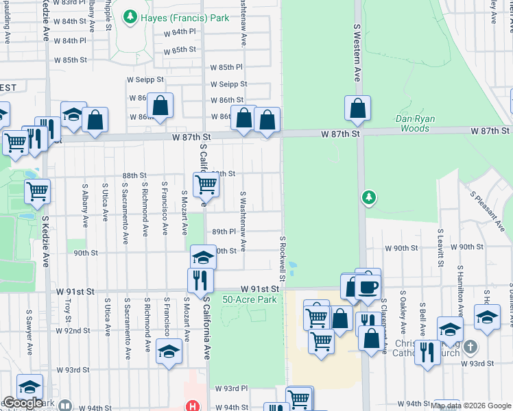 map of restaurants, bars, coffee shops, grocery stores, and more near 2621 West 89th Street in Evergreen Park