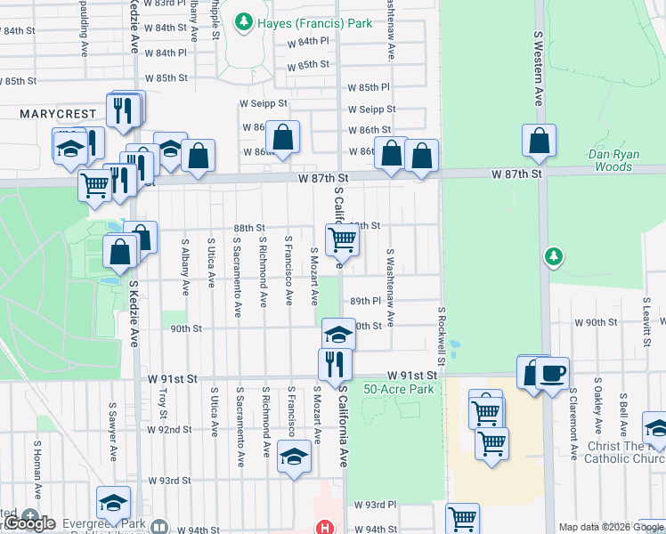 map of restaurants, bars, coffee shops, grocery stores, and more near 8906 South Mozart Avenue in Evergreen Park