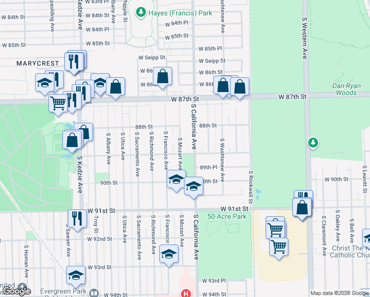 map of restaurants, bars, coffee shops, grocery stores, and more near 8906 South Mozart Avenue in Evergreen Park