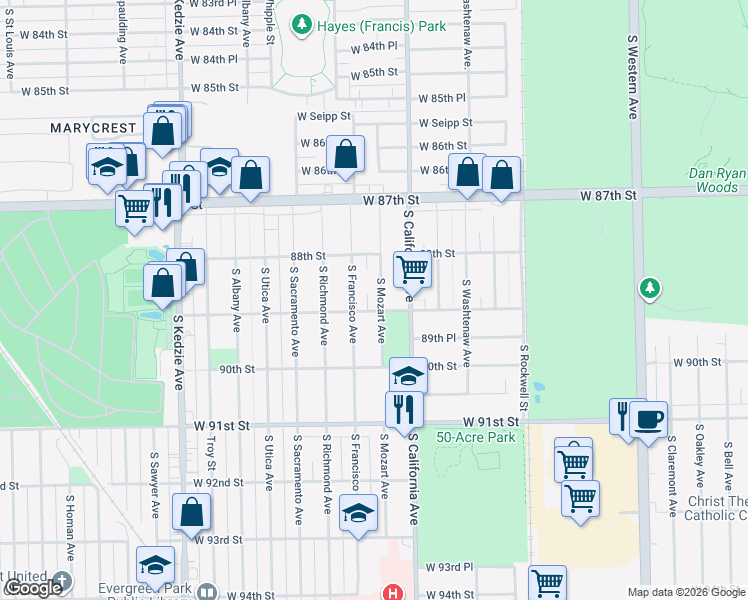 map of restaurants, bars, coffee shops, grocery stores, and more near 8901 South Francisco Avenue in Evergreen Park