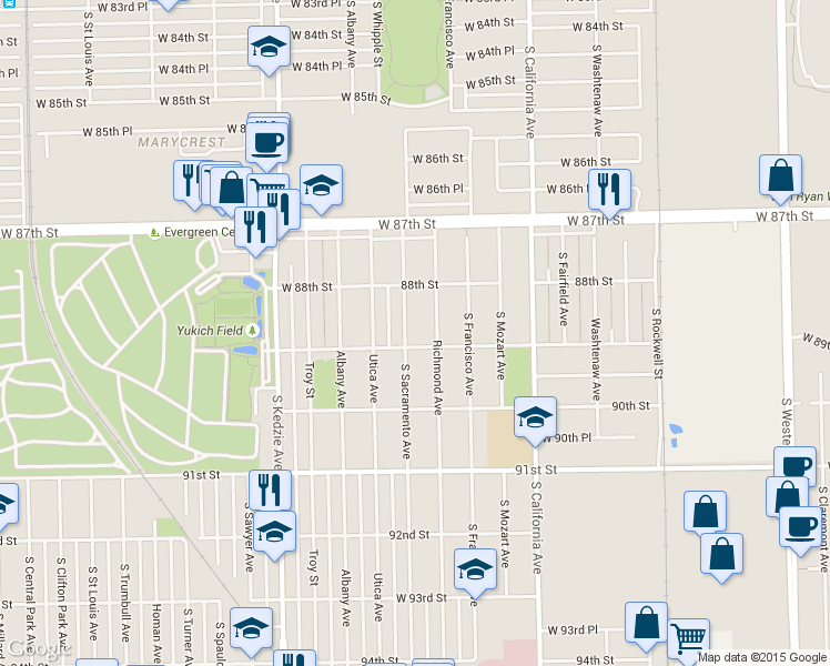 map of restaurants, bars, coffee shops, grocery stores, and more near 8900 South Sacramento Avenue in Evergreen Park