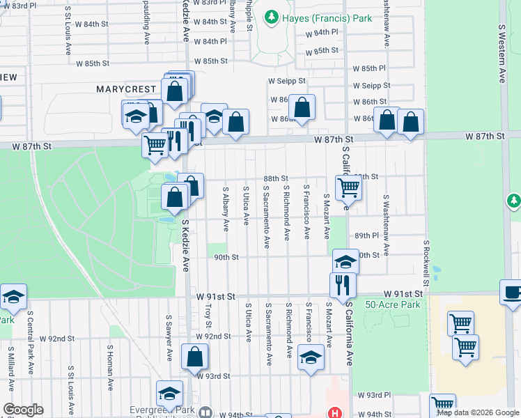 map of restaurants, bars, coffee shops, grocery stores, and more near 8900 South Sacramento Avenue in Evergreen Park