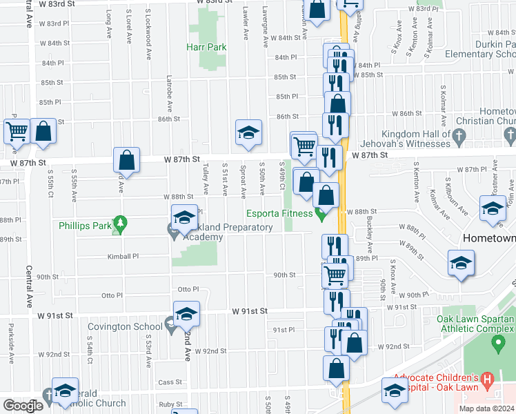 map of restaurants, bars, coffee shops, grocery stores, and more near 8829 Sproat Avenue in Oak Lawn