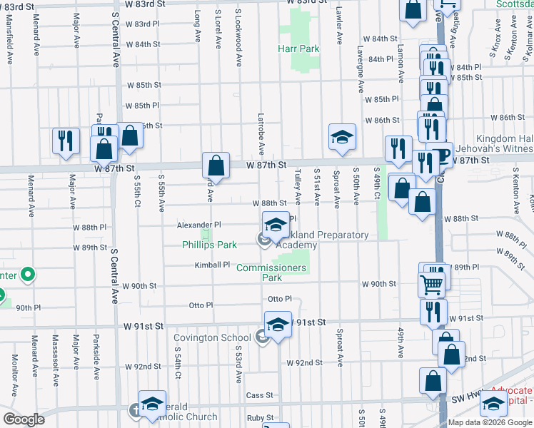 map of restaurants, bars, coffee shops, grocery stores, and more near 8835 South 52nd Avenue in Oak Lawn