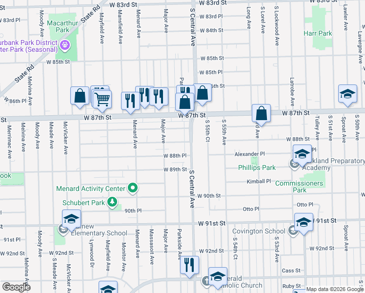 map of restaurants, bars, coffee shops, grocery stores, and more near 5614 West 88th Place in Oak Lawn
