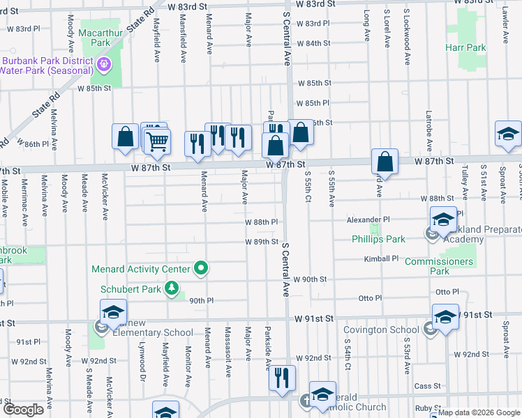 map of restaurants, bars, coffee shops, grocery stores, and more near 5614 West 88th Place in Oak Lawn