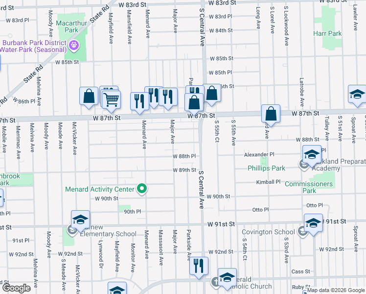map of restaurants, bars, coffee shops, grocery stores, and more near 5614 West 88th Place in Oak Lawn