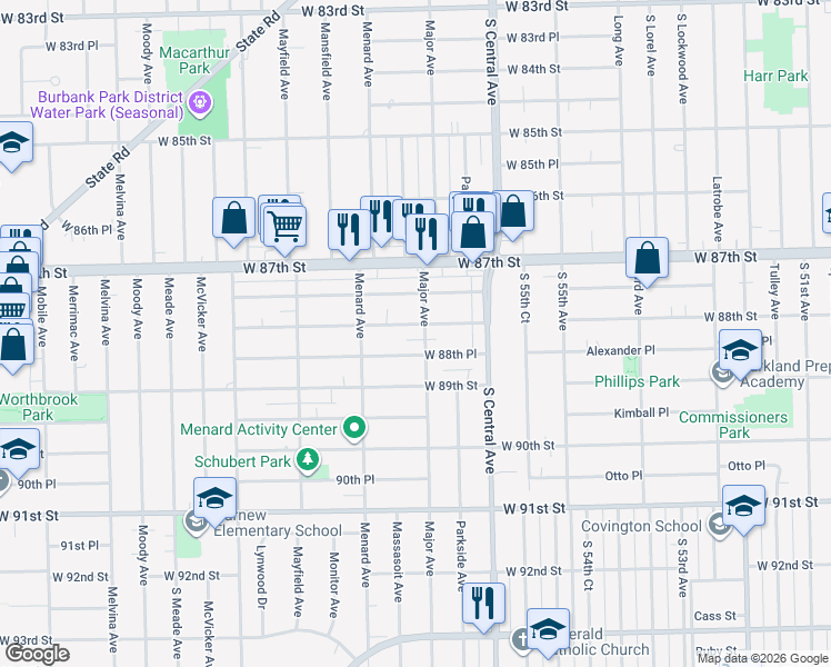 map of restaurants, bars, coffee shops, grocery stores, and more near 5700 West 88th Place in Oak Lawn