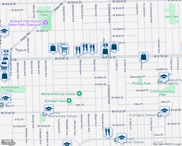 map of restaurants, bars, coffee shops, grocery stores, and more near 5700 West 88th Place in Oak Lawn