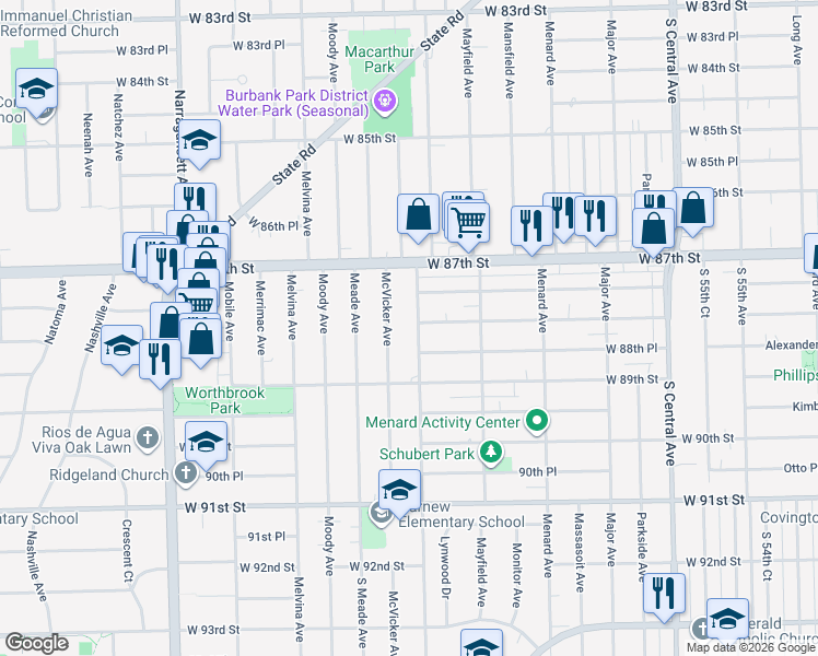 map of restaurants, bars, coffee shops, grocery stores, and more near 8812 Austin Avenue in Oak Lawn