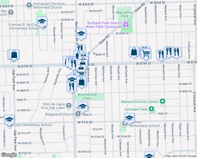 map of restaurants, bars, coffee shops, grocery stores, and more near 8808 Merrimac Avenue in Oak Lawn