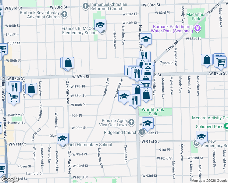 map of restaurants, bars, coffee shops, grocery stores, and more near 6457 West 88th Street in Oak Lawn