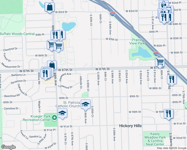 map of restaurants, bars, coffee shops, grocery stores, and more near 8500 Colette Lane in Hickory Hills
