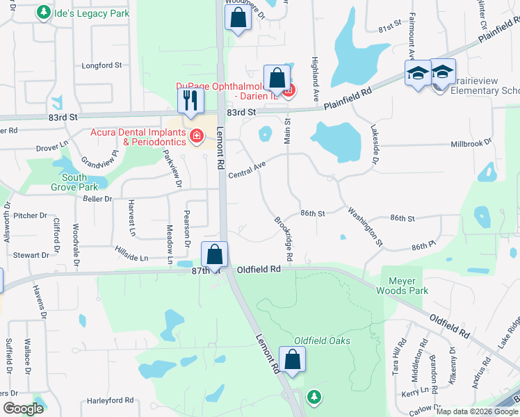 map of restaurants, bars, coffee shops, grocery stores, and more near 8532 Brookridge Road in Downers Grove