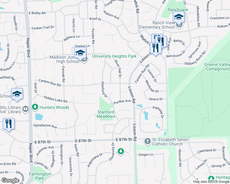 map of restaurants, bars, coffee shops, grocery stores, and more near 1414 River Oak Drive in Naperville