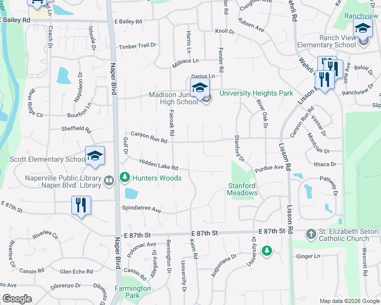 map of restaurants, bars, coffee shops, grocery stores, and more near 1951 Keim Court in Naperville