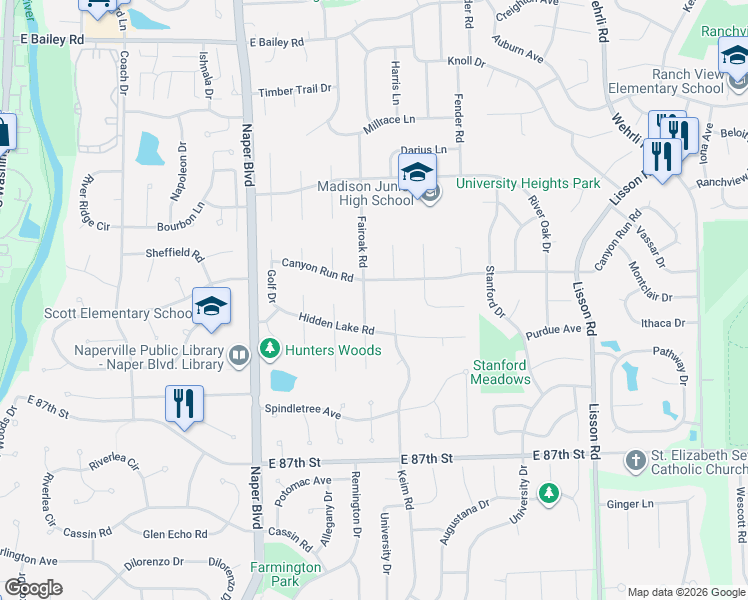 map of restaurants, bars, coffee shops, grocery stores, and more near 909 Hidden Lake Road in Naperville