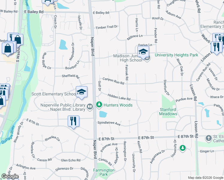 map of restaurants, bars, coffee shops, grocery stores, and more near 815 Hidden Lake Road in Naperville