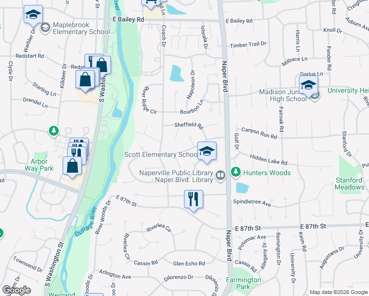 map of restaurants, bars, coffee shops, grocery stores, and more near 517 Warwick Drive in Naperville