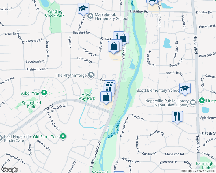 map of restaurants, bars, coffee shops, grocery stores, and more near 1945 Town Drive in Naperville