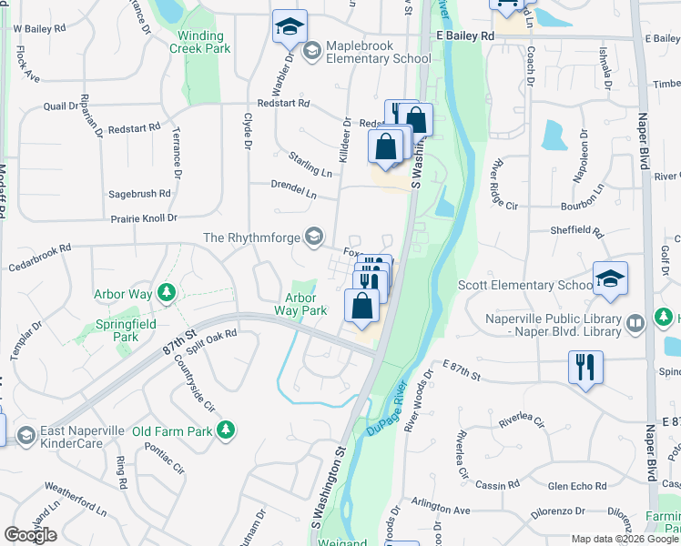 map of restaurants, bars, coffee shops, grocery stores, and more near 1935 Wisteria Court in Naperville