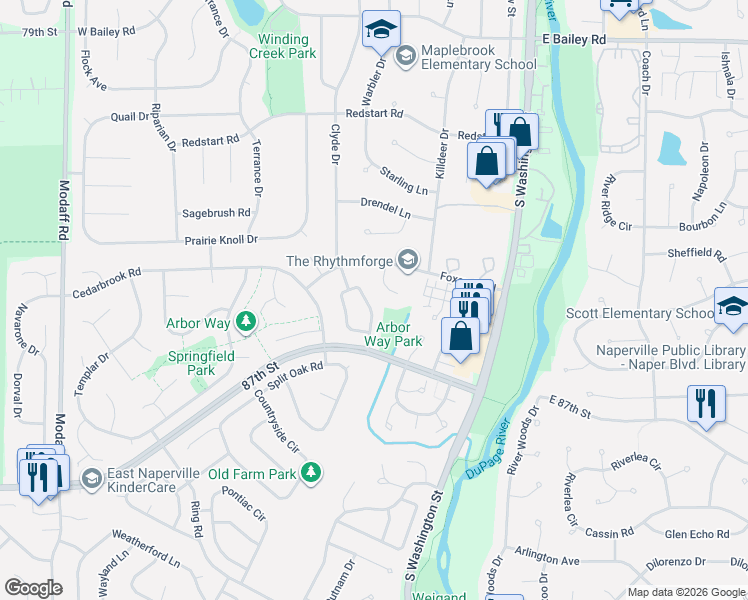 map of restaurants, bars, coffee shops, grocery stores, and more near 1944 Clyde Drive in Naperville