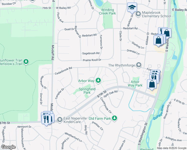 map of restaurants, bars, coffee shops, grocery stores, and more near 230 Ridgefield Lane in Naperville
