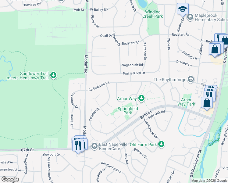 map of restaurants, bars, coffee shops, grocery stores, and more near 1946 Templar Drive in Naperville