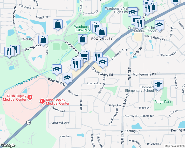 map of restaurants, bars, coffee shops, grocery stores, and more near 2259 Highfield Lane in Aurora