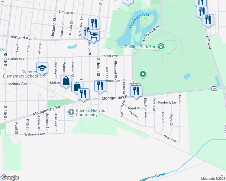 map of restaurants, bars, coffee shops, grocery stores, and more near 756 Montgomery Road in Montgomery