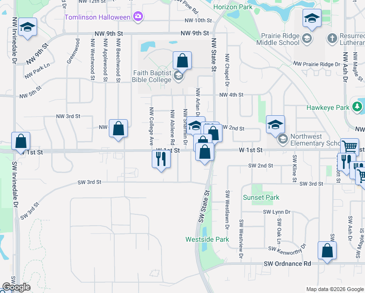 map of restaurants, bars, coffee shops, grocery stores, and more near 102 Southwest Arlan Drive in Ankeny
