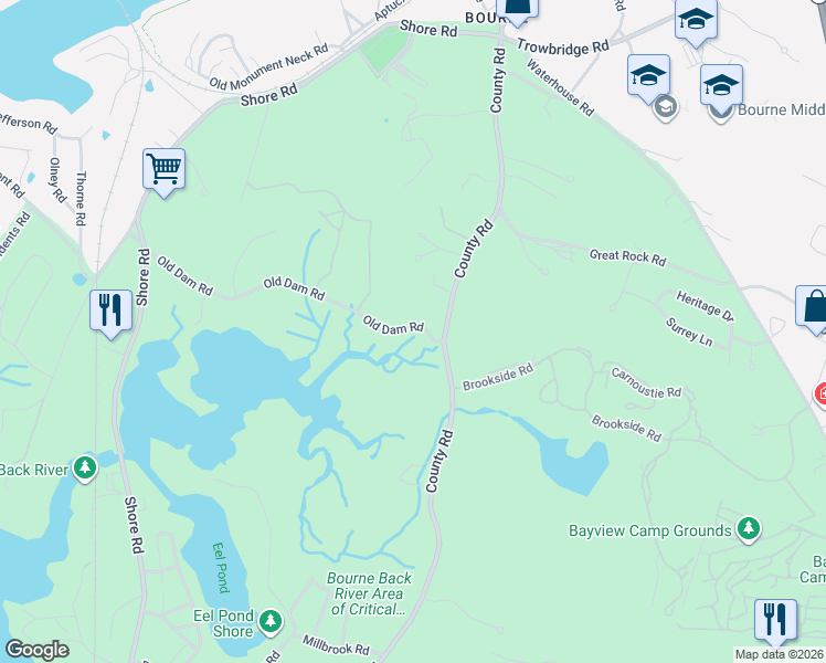 map of restaurants, bars, coffee shops, grocery stores, and more near 128 Old Dam Road in Bourne