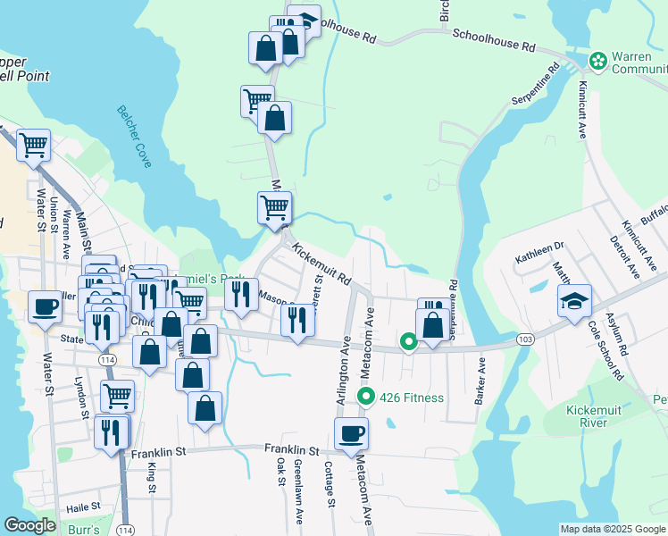 map of restaurants, bars, coffee shops, grocery stores, and more near 3 Rhode Island 136 in Warren