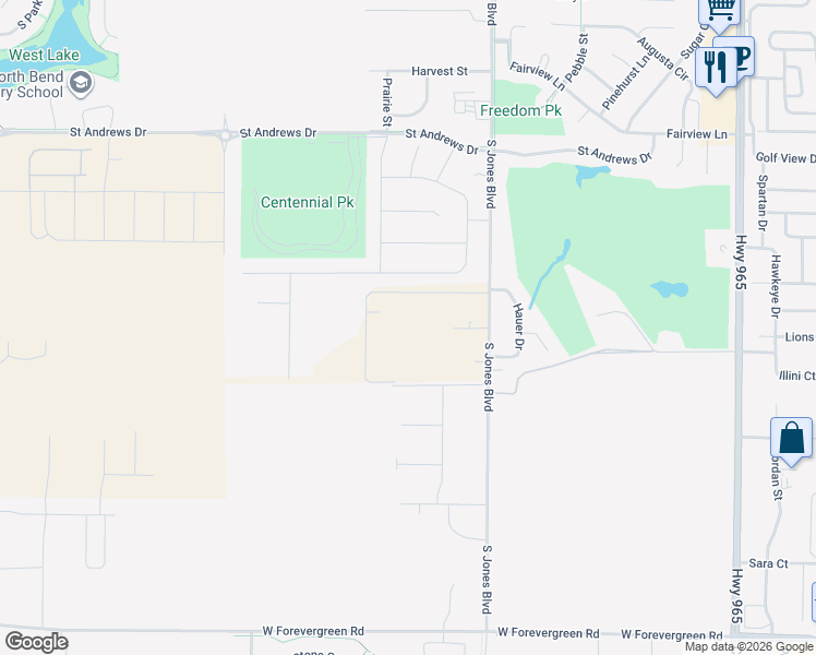 map of restaurants, bars, coffee shops, grocery stores, and more near 2785 South Jones Boulevard Northeast in North Liberty