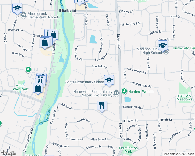 map of restaurants, bars, coffee shops, grocery stores, and more near 517 Warwick Drive in Naperville