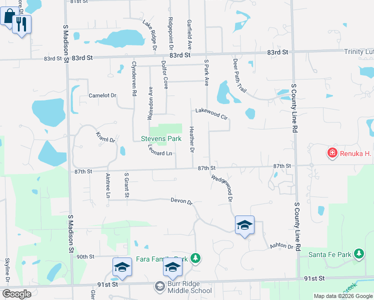 map of restaurants, bars, coffee shops, grocery stores, and more near 8664 Heather Drive in Burr Ridge