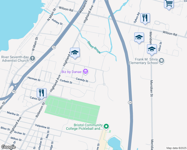 map of restaurants, bars, coffee shops, grocery stores, and more near 35 Courtney Street in Fall River