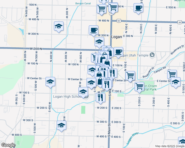 map of restaurants, bars, coffee shops, grocery stores, and more near 154-128 West Center Street in Logan