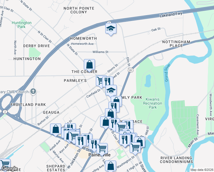map of restaurants, bars, coffee shops, grocery stores, and more near 324 North State Street in Painesville